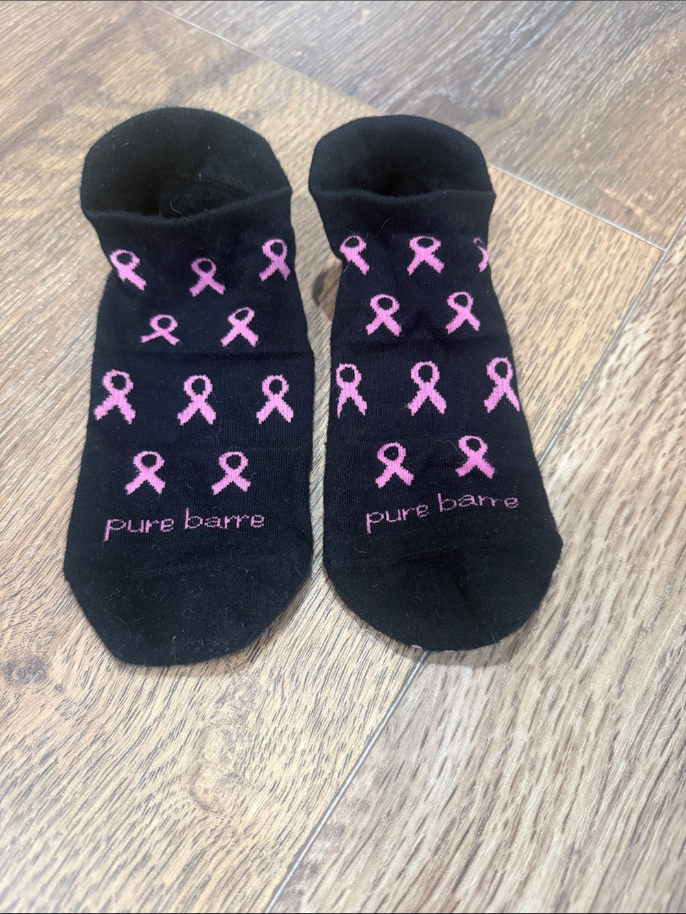Pure Barre Black Low-Cut Socks with Pink Ribbon Pattern-breast cancer awareness
